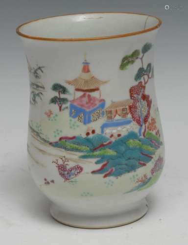 An 18th century Chinese bell shaped mug, painted in the fami...