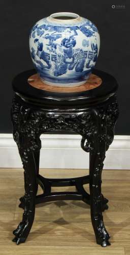 A Chinese hardwood jardinière stand, circular top with inset...