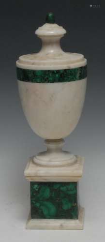 A Neoclassical style malachite and white marble urn, knop fi...