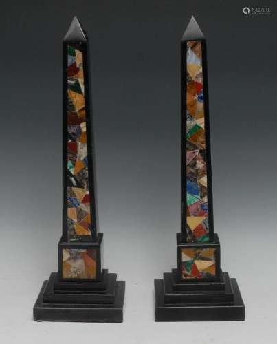 A pair of Grand Tour design black pietra dura obelisks, inla...