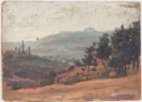 Künstler des 20. Jh., 'Landschaft mit Blick auf eine Bu...