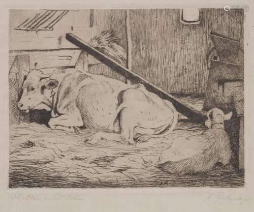 Albert Reibmayer (1881-1941), 'Kuh und Kalb im Stall&#x...