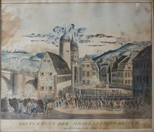 Bestürmung der Heidelberger Brücke, Stich von Friedrich Rott...