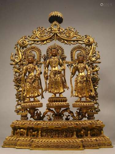 A Gilt-Bronze Guanyin Group