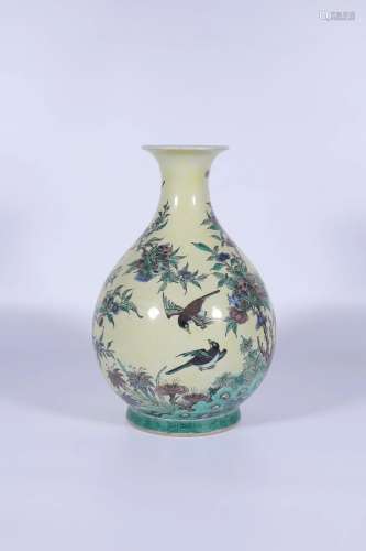 A Cream Yellow-Ground Famille-Rose Yuhuchun Vase
