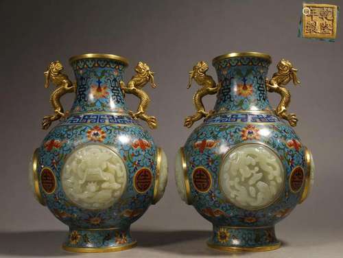 A Pair Of Cloisonne Enamel Hetian White Jade-Inlaid