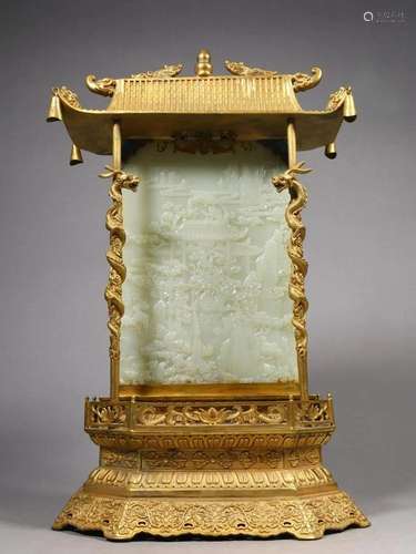 A Gilt-Bronze Hetian White Jade-Inlaid Table Screen