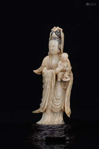 A Soapstone& Rose Quartz Figure Of Guanyin