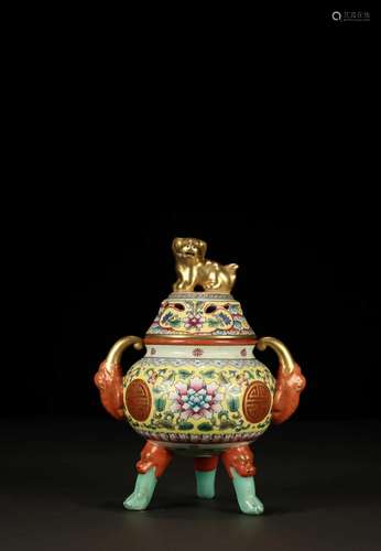 A Famille-Rose Gilded Tripod Censer