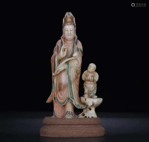 A Soapstone& Rose Quartz Figure Of Guanyin And A Child