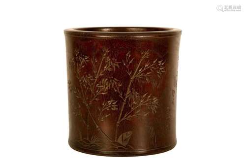 A Carved Zitan Wood Bamboo& Poem Brush Pot