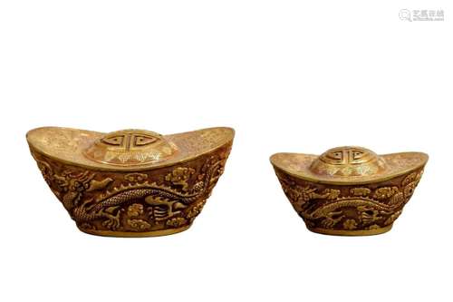 Two Shoe-Shaped Gilt-Bronze Ingots