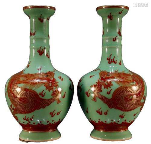 A Pair Of Green-Glazed Iron-Red Gilded Vases