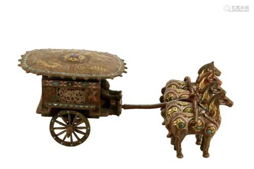 A Superb Bronze Gold& Silver& Gem-Inlaid Carriage