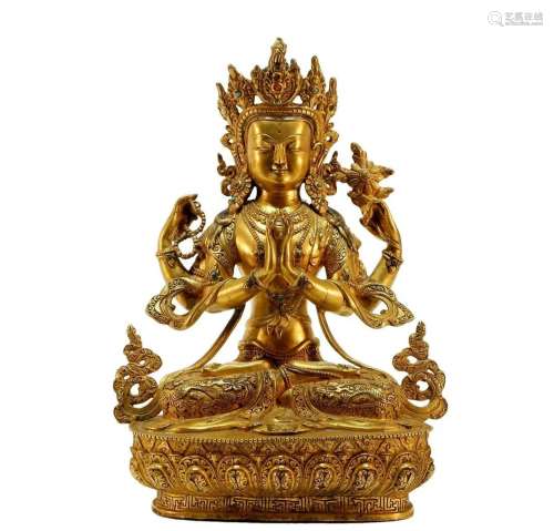 An exquisite gilt bronze Tibetan Guanyin statue