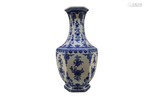 A Blue And White Hexagonal Vase