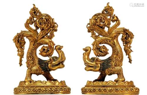 Two Tibetan Gilt Bronze Fortune Creatures