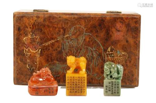 A Set Of 'Mythical Beast' Seals And Wooden Box