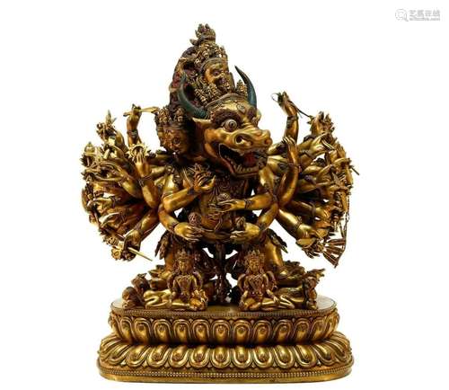 A superb gilt bronze yamantaka statue