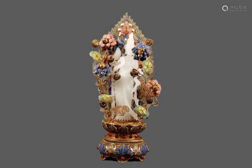 A Silver Gilt Base With A White Jade Figure Of