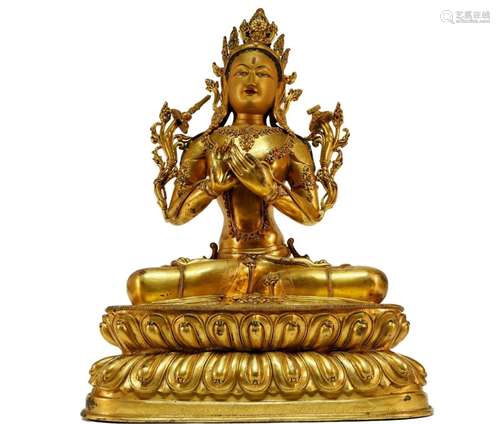 Tibetan Gilt Bronze Guanyin Statue