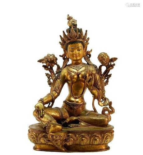 An exquisite gilt bronze Green Tara statue