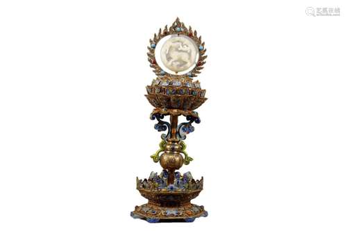 A Gilt-Bronze Blue Enameled White Jade-Inlaid Sculpture