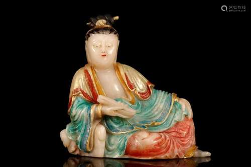 Shoushan Stone Gilt Decorated Painted Figure of Guanyin