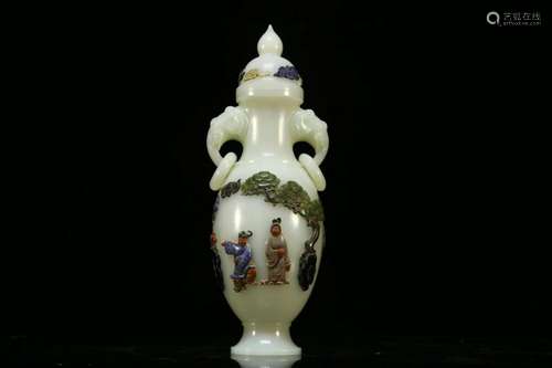 A Fabulous White Jade Jewel-inlaid 'Character' Vase