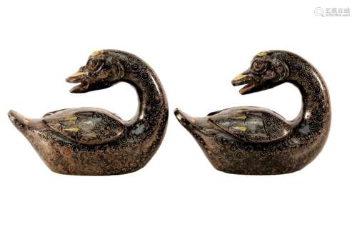 A Pair Of Bronze Inlaid Silver And Gold 'Swan'