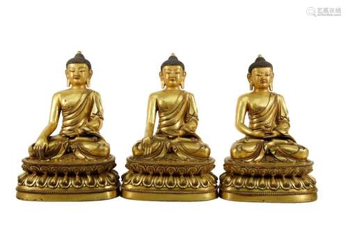 Gilt Bronze Silver-Inlaid Figures of Buddhas of Three