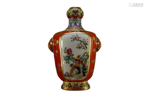 A Famille-Rose Red-Ground Garlic-Shaped Gilded Vase