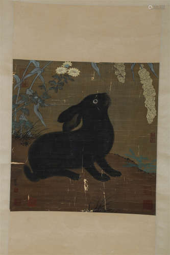 A Black Rabbit Painting on Silk by Cui Bai.