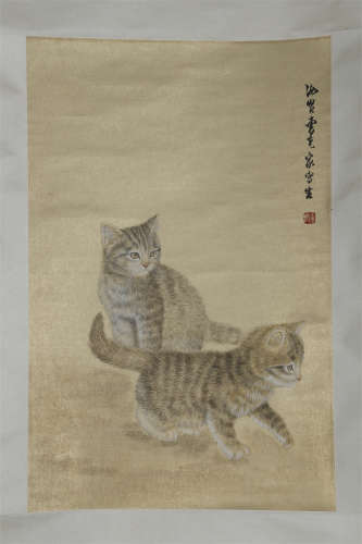 A Fun Cats Painting on Silk by Cao Xianjia.