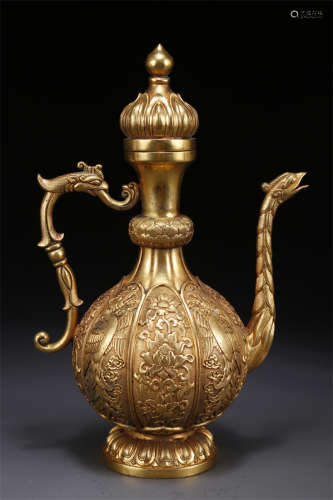 A Gilt Copper Pot with Phoenix Design.