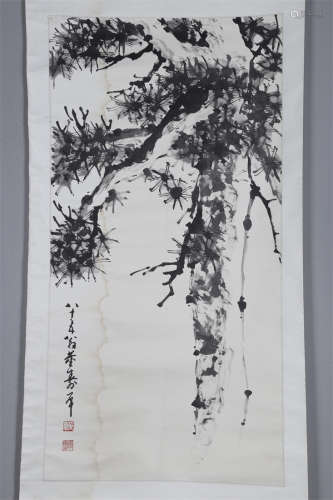 A Pine Painting on Paper by Dong Shouping.