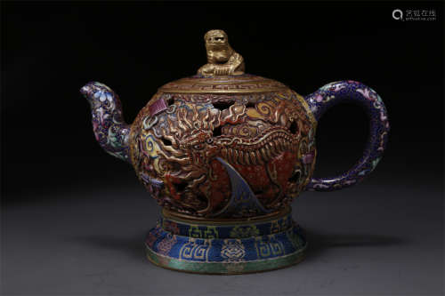 A Purple Clay Pot with Kylin Design.