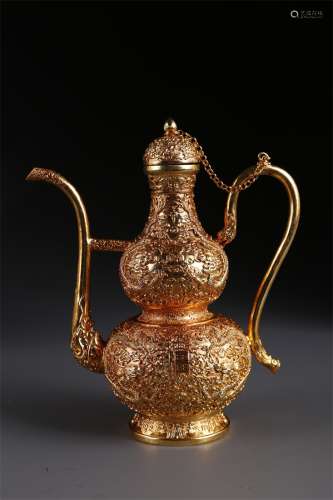 A Gilt Copper Pot with Dragon Design.