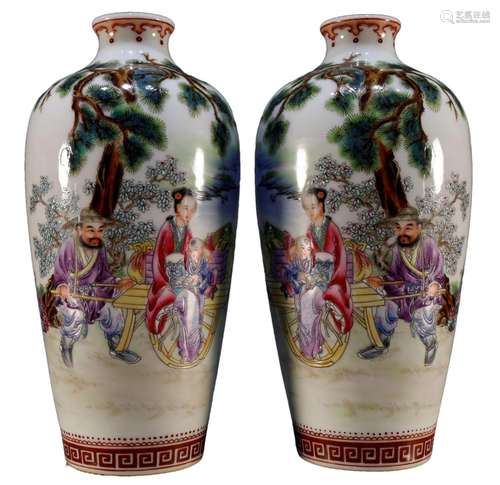 A Pair Of Famille-Rose 'Story' Vases