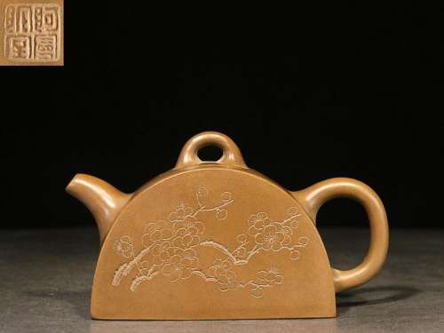 ZISHA TEAPOT CARVED WITH PLUM BLOSSOM AND CHARACTERS