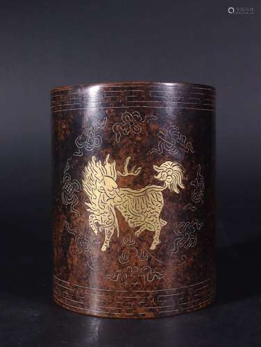 SILVER-INLAID PARCEL-GILT-BRONZE 'QILIN AND LION' BR...