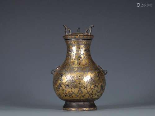 GOLD AND SILVER-INLAID BRONZE HANDLED VASE