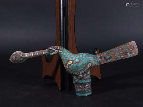TURQUOISE STONE-EMBELLISHED SILVER-INLAID BRONZE VESSEL