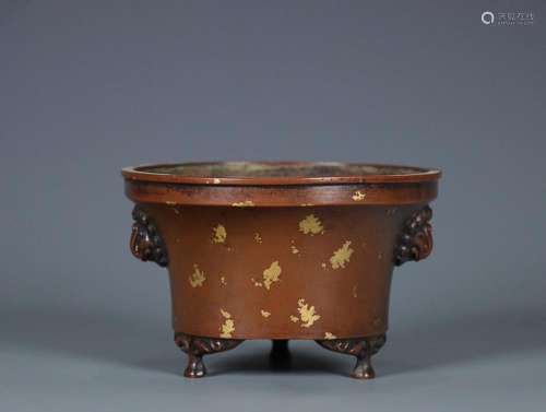 GOLD-SPLASHED BRONZE TRIPOD HANDLED CENSER