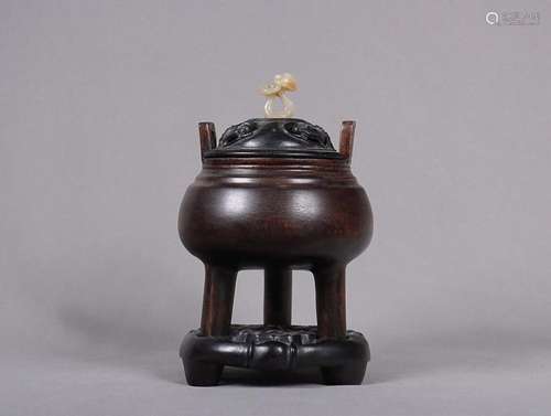 AGARWOOD TRIPOD INCENSE BURNER WITH SHOUSHAN FURONG STONE KN...