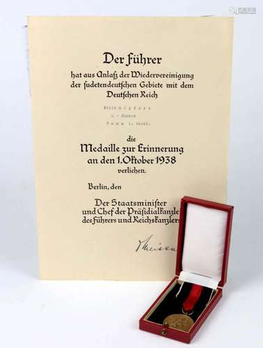 Sudetenland - Medaille mit Verleihungsurkunde