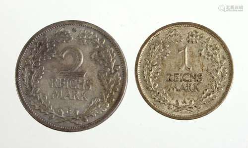 1 und 2 Reichsmark 1925 A und 1926 E