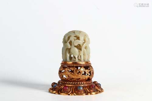 HETIAN JADE CARVING WITH GILT-BRONZE BASE