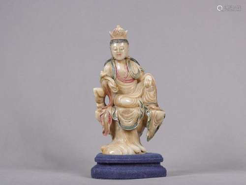 SHOUSHAN FURONG STONE FIGURE OF GUANYIN WITH PIGMENT