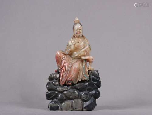 SHOUSHAN FURONG STONE FIGURE OF GUANYIN WITH PIGMENT